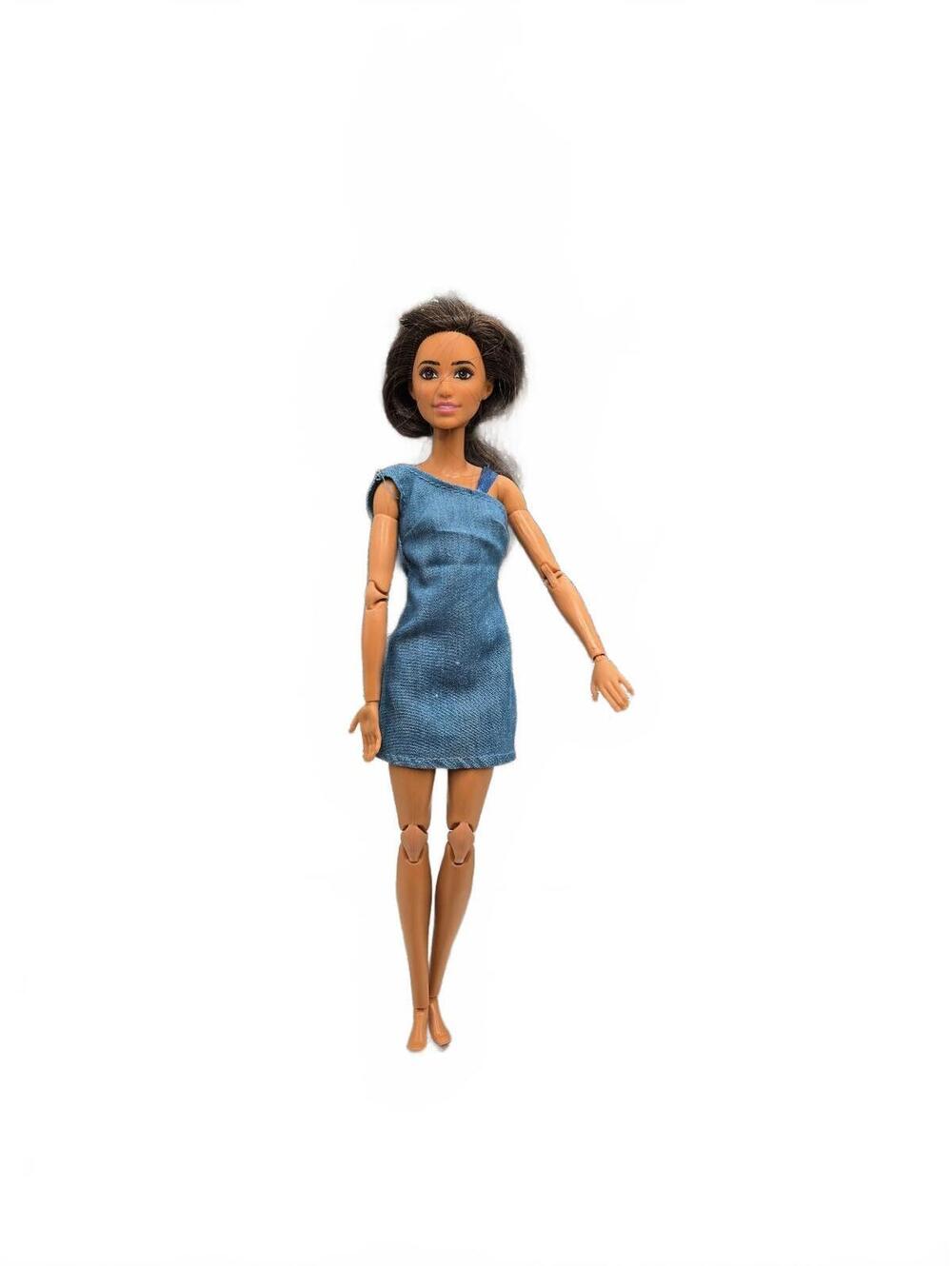 Brunette Barbie Made to Move Doll with Blue Dress, marked 2015 Indonesia mtm
